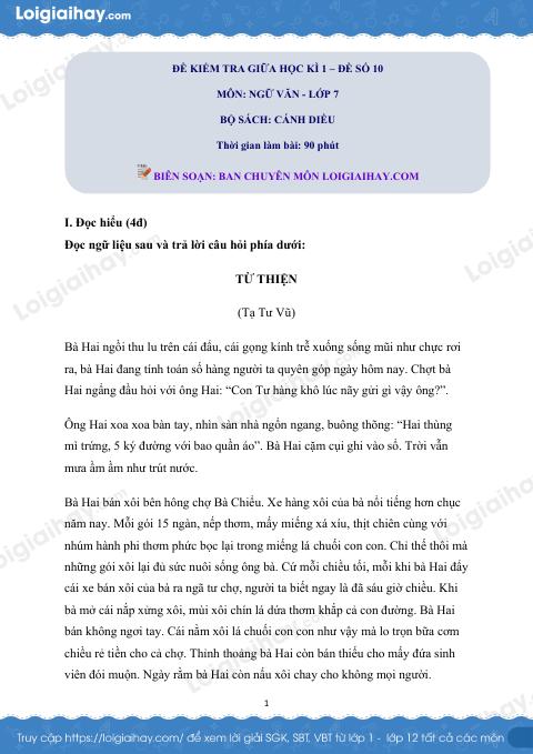Đề thi giữa kì 1 Văn 7 Cánh diều - Đề số 10